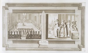 Scener som visar en ambassadörspublik med Rysslands tsar och muskoviter som förklarar en ed, från 